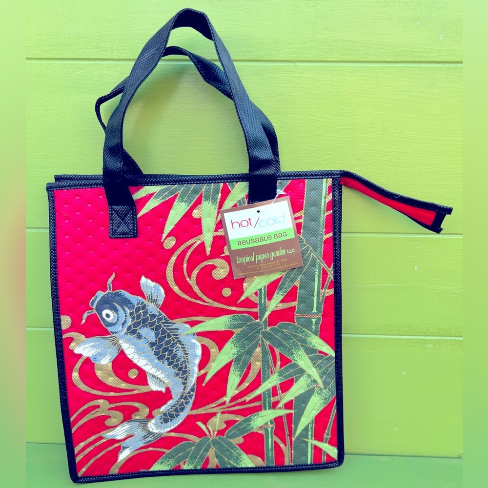 BAMBOO KOI RED - Reusable Insulated Lunch Bag Shopping Tote Bag Cooler Bag, NWT